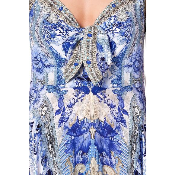 CAMILLA LONG DDRESS WITH TIE FRONT BLUE PROVICIAL PRINT 100% SILK CRYSTAL SZ 8 - Picture 6 of 7